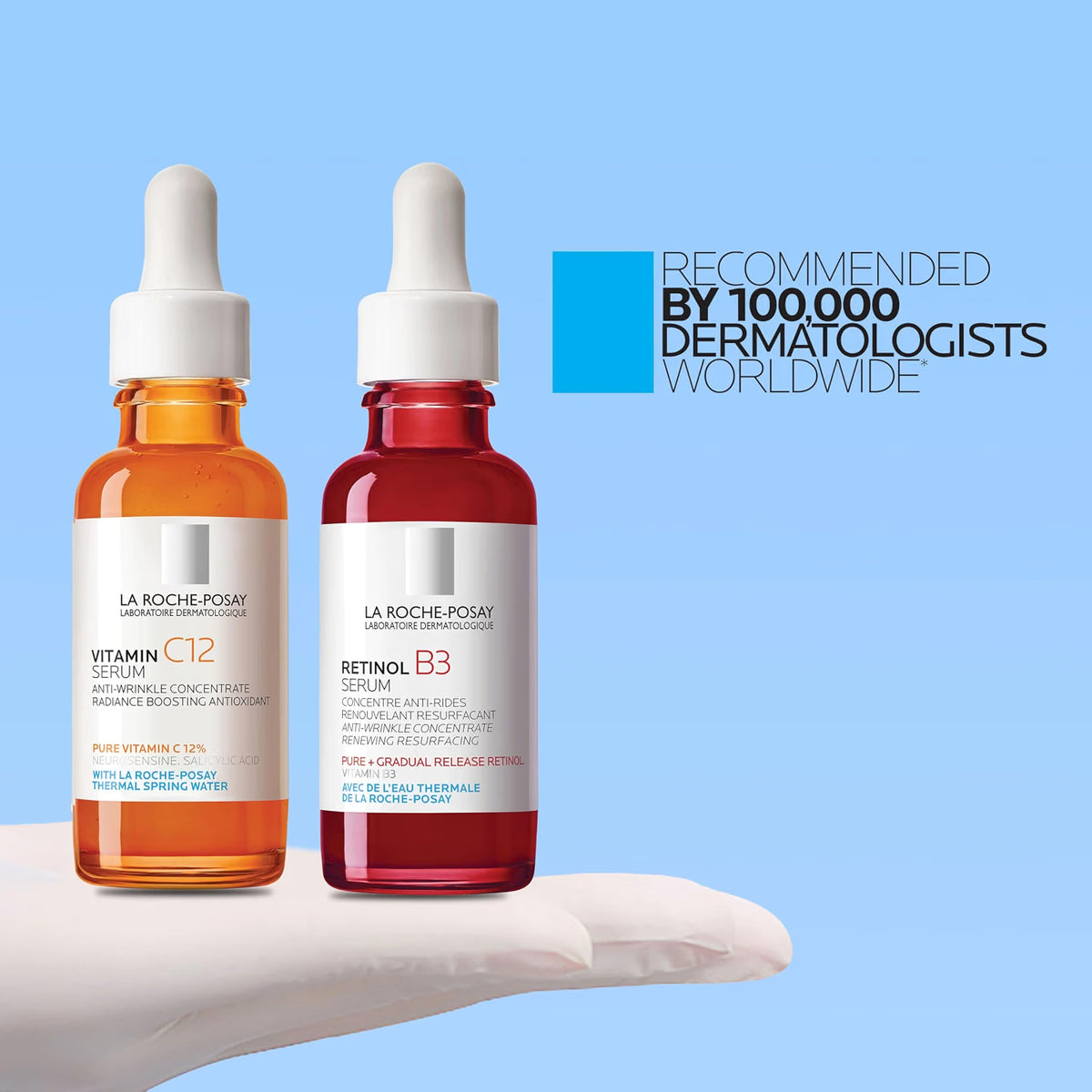 Two La Roche-Posay serum bottles, Vitamin C12 in an amber bottle and Retinol B3 in a red bottle, displayed on a white gloved hand against a light blue background with a recommendation badge.