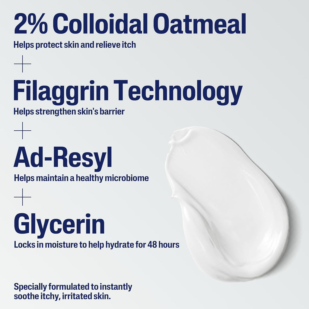 Product description with colloidal oatmeal, filaggrin technology, Ad-Resyl, and glycerin on a light gray background.