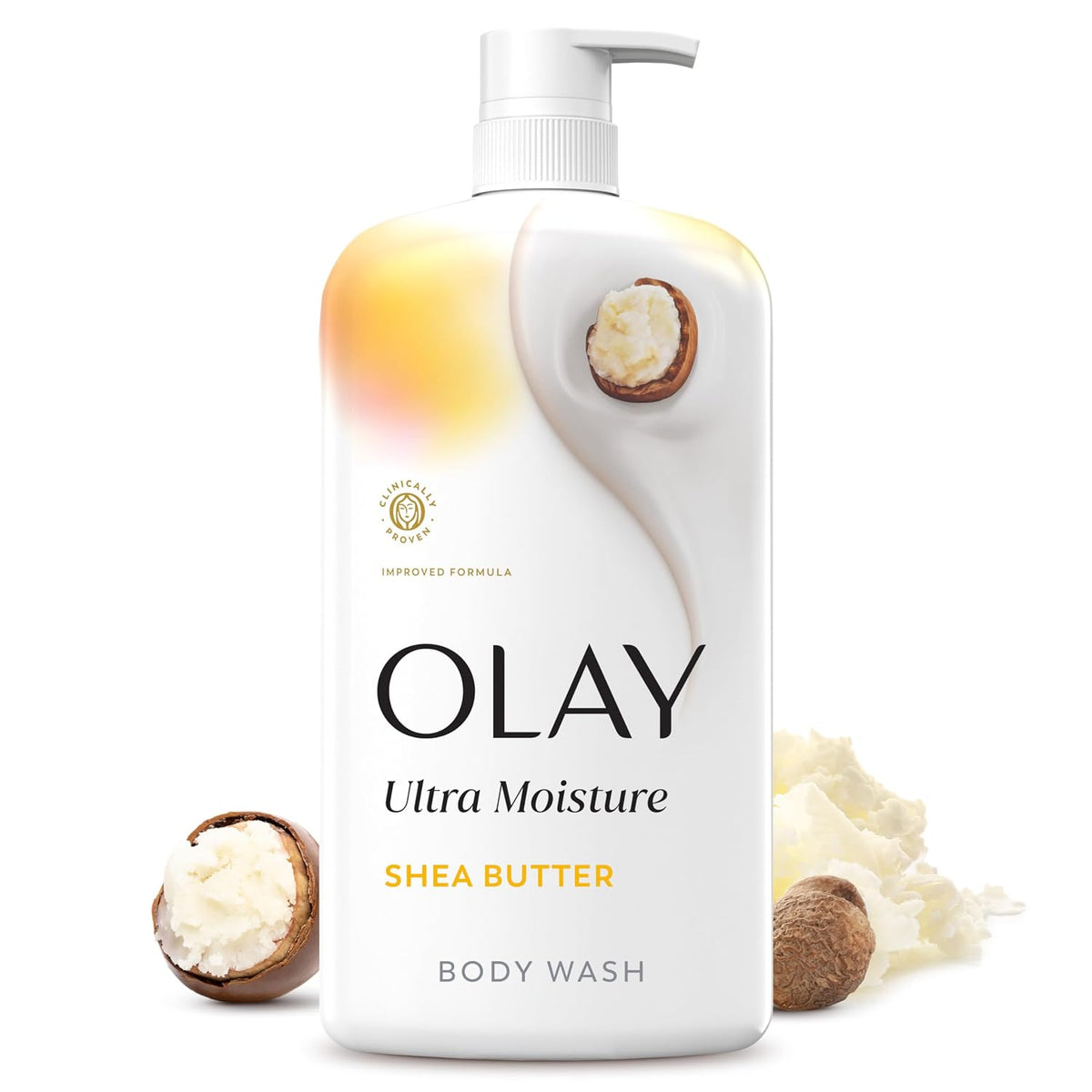 A bottle of Olay Ultra Moisture Body Wash with Shea Butter, shown on a clean white background with decorative shea nut and cream illustrations around it.
