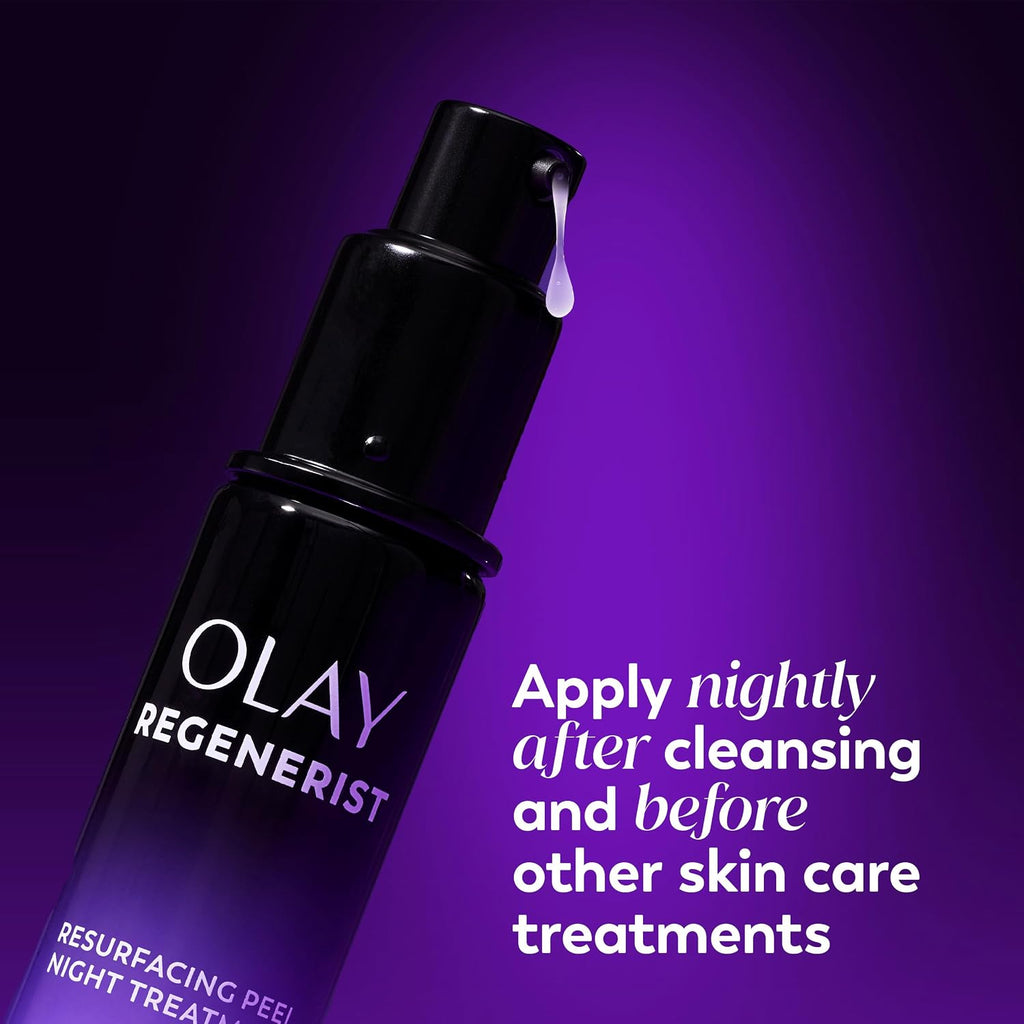 Olay Regenerist Resurfacing Peel Night Treatment bottle in black with purple gradient, shown with a dripping liquid and promotional text on a purple background.