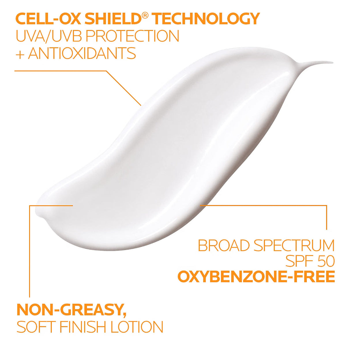White lotion swatch with text highlighting Cell-Ox Shield technology, UVA/UVB protection, antioxidants, broad spectrum SPF 50, oxybenzone-free, and non-greasy finish.