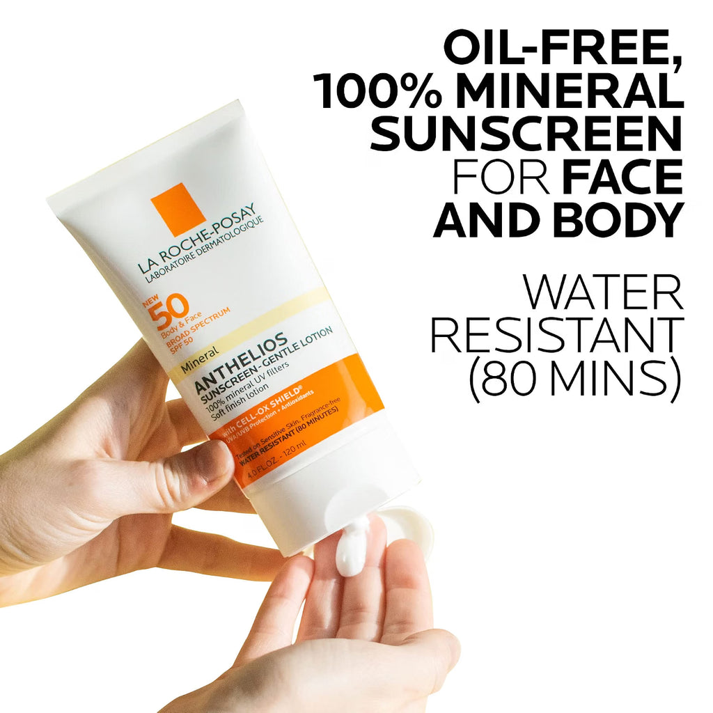 La Roche-Posay sunscreen tube held by a hand with text highlighting features.
