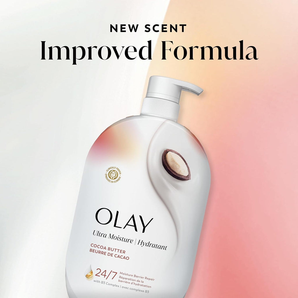 Olay Ultra Moisture lotion bottle with a gradient background