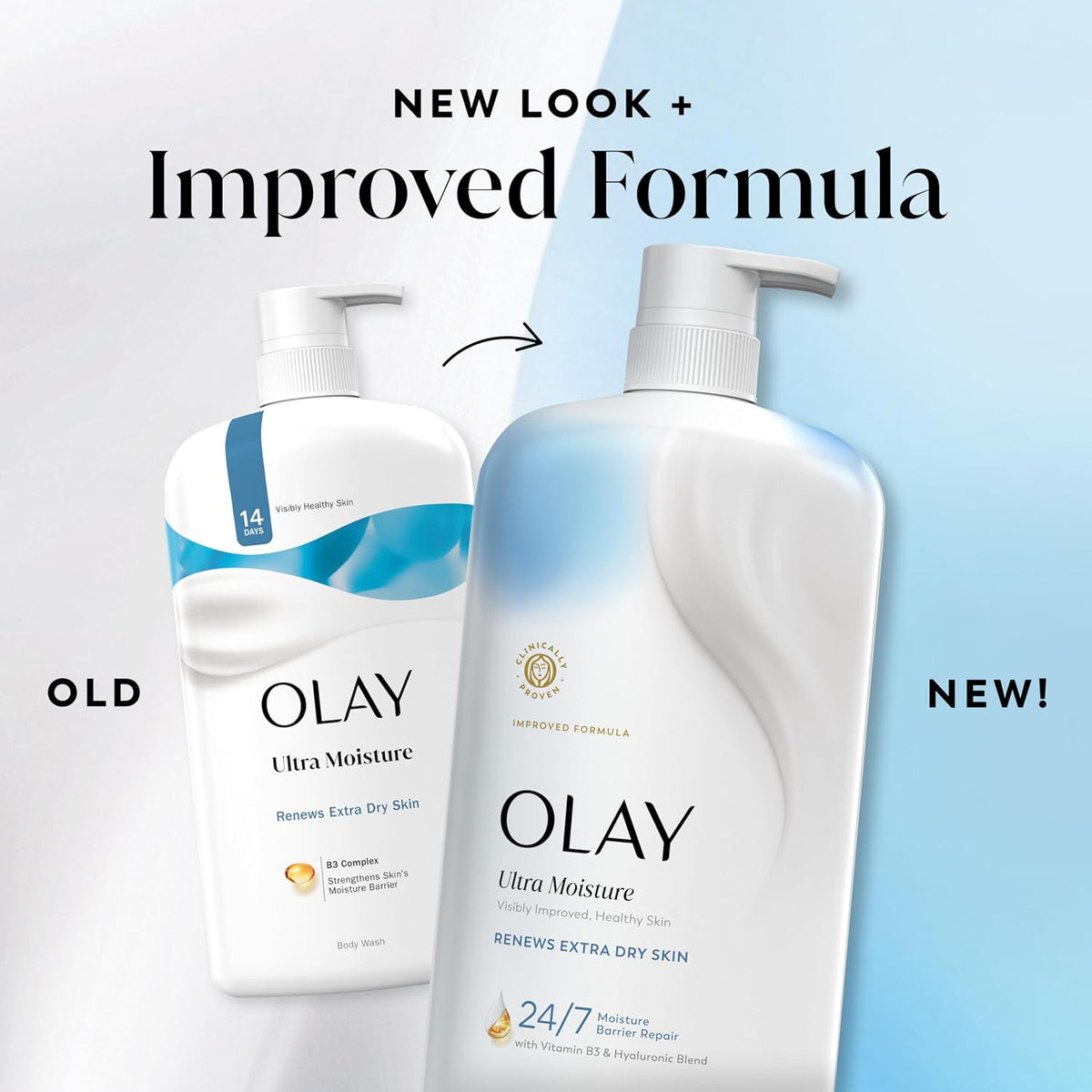Two Olay Ultra Moisture body wash bottles shown on a light blue and white background, with the larger bottle labeled 'NEW!' in the foreground and the smaller bottle labeled 'OLD' in the background. Text at the top reads 'NEW LOOK + Improved Formula'.