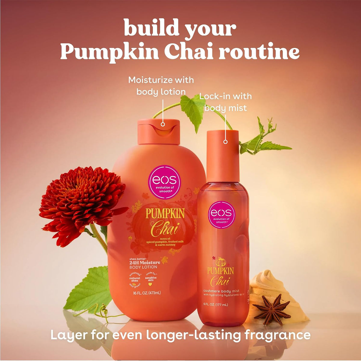 Two EOS Cosmetics Pumpkin Chai body care products, a larger body lotion bottle and a smaller body mist bottle, displayed with decorative red flowers, green leaves, and star anise on a warm peach gradient background with promotional text.