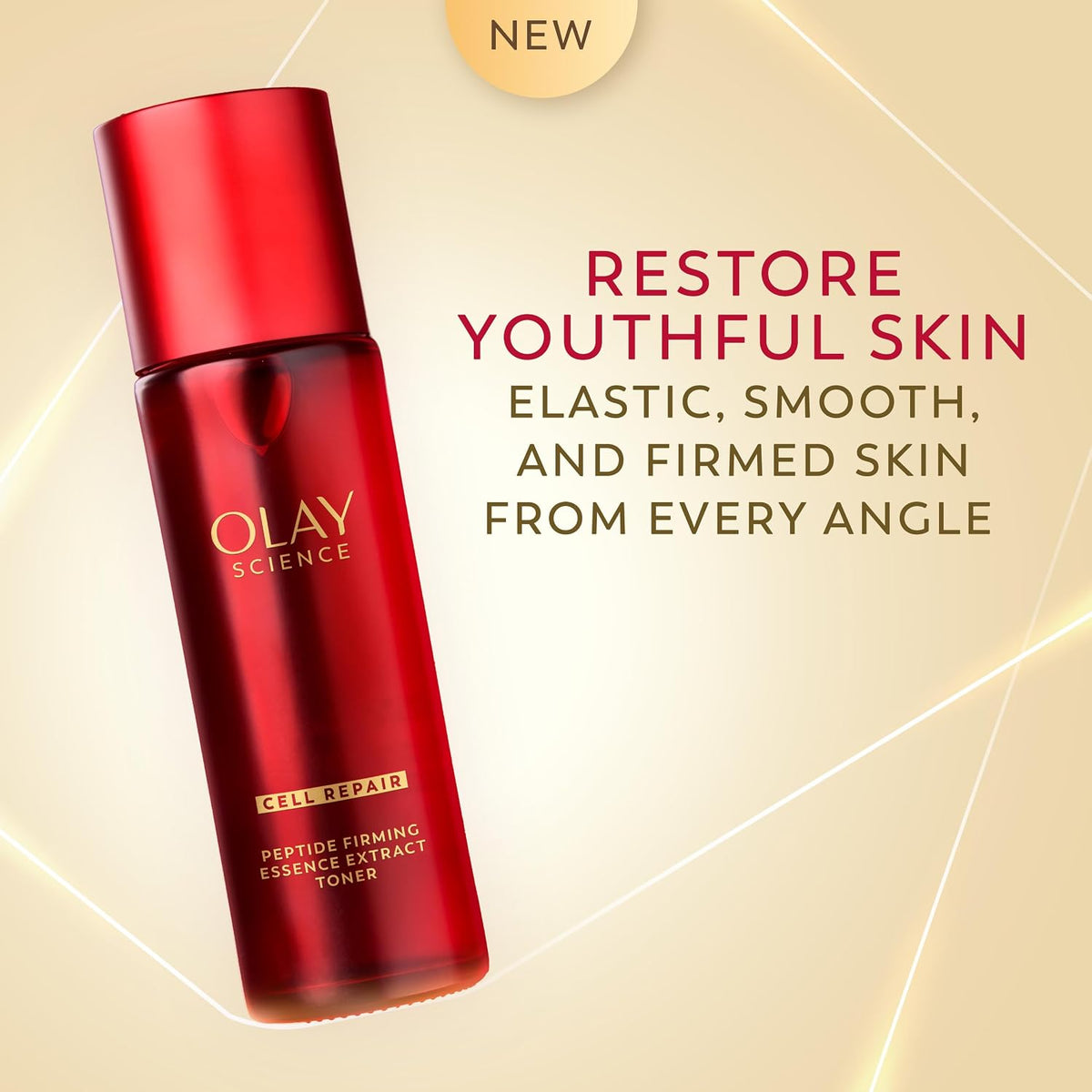 Red Olay toner bottle on a beige background with text about skin care benefits.