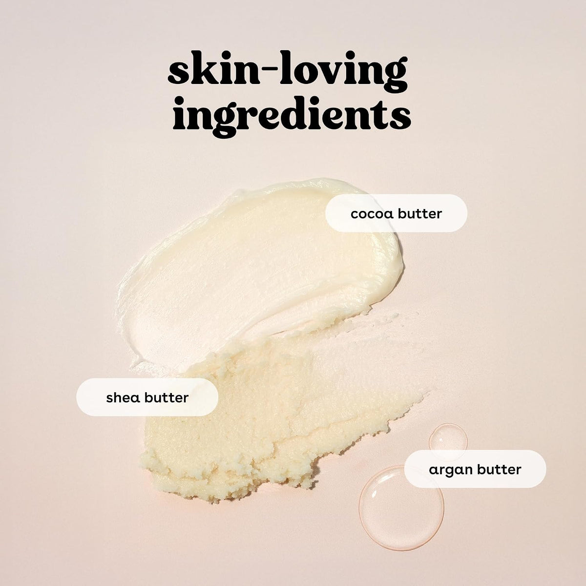 A styled ingredient graphic on a warm beige background with the text 'skin-loving ingredients' above three labeled swatches: cocoa butter, shea butter, and argan butter.