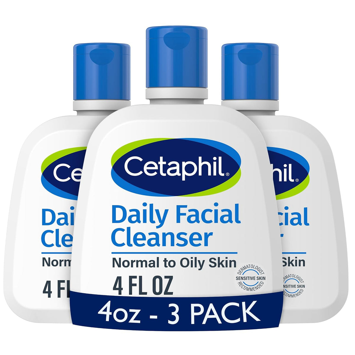 Three bottles of Cetaphil Daily Facial Cleanser on a white background