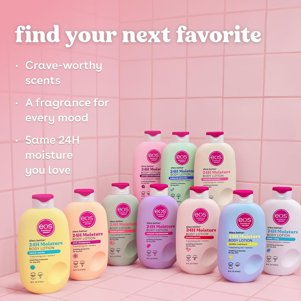 A group of BOS 24H Moisture Body Lotion bottles in assorted pastel colors arranged on a pink tiled background with promotional text reading 'find your next favorite.'.