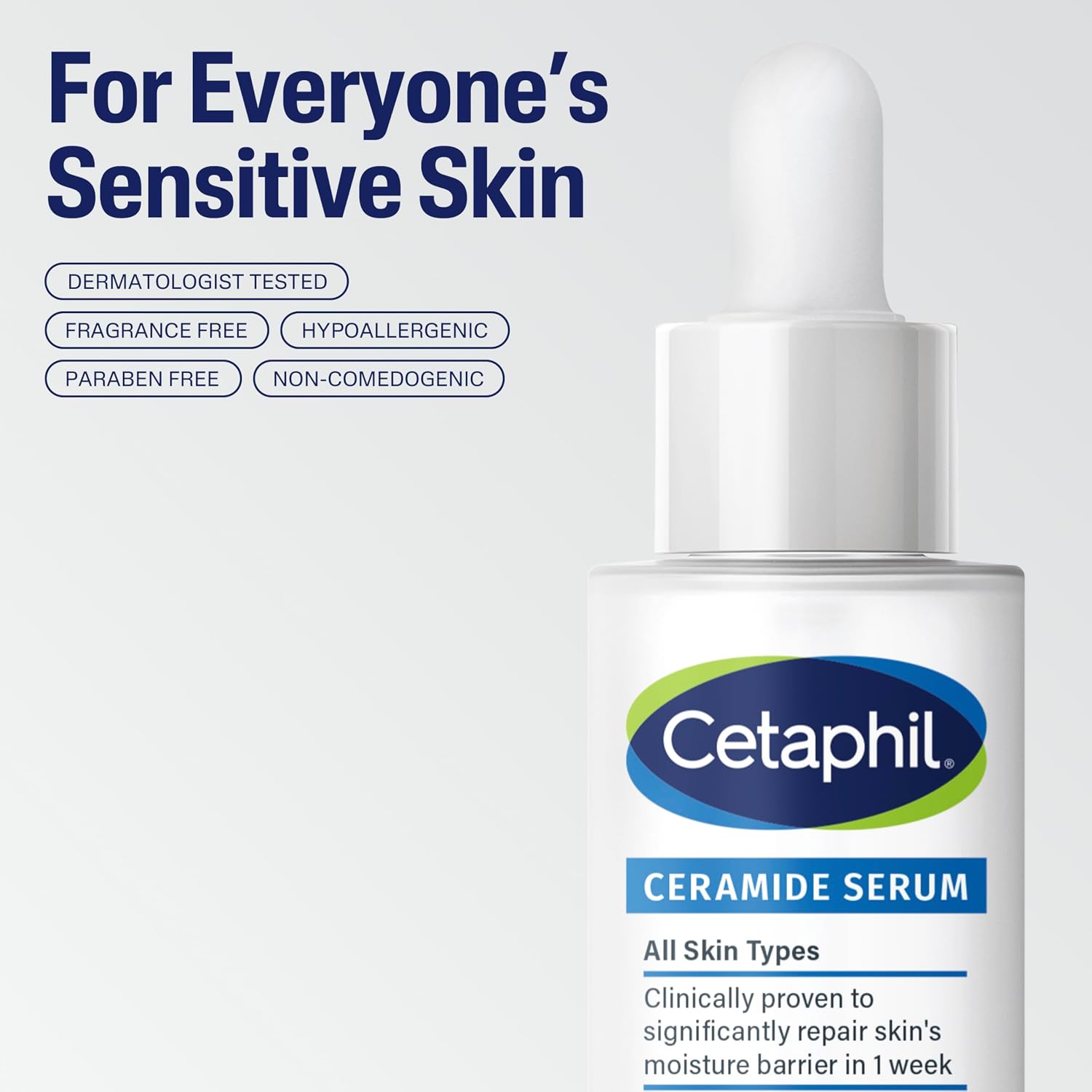 Cetaphil Ceramide Serum bottle on a light gray background with text highlighting benefits.