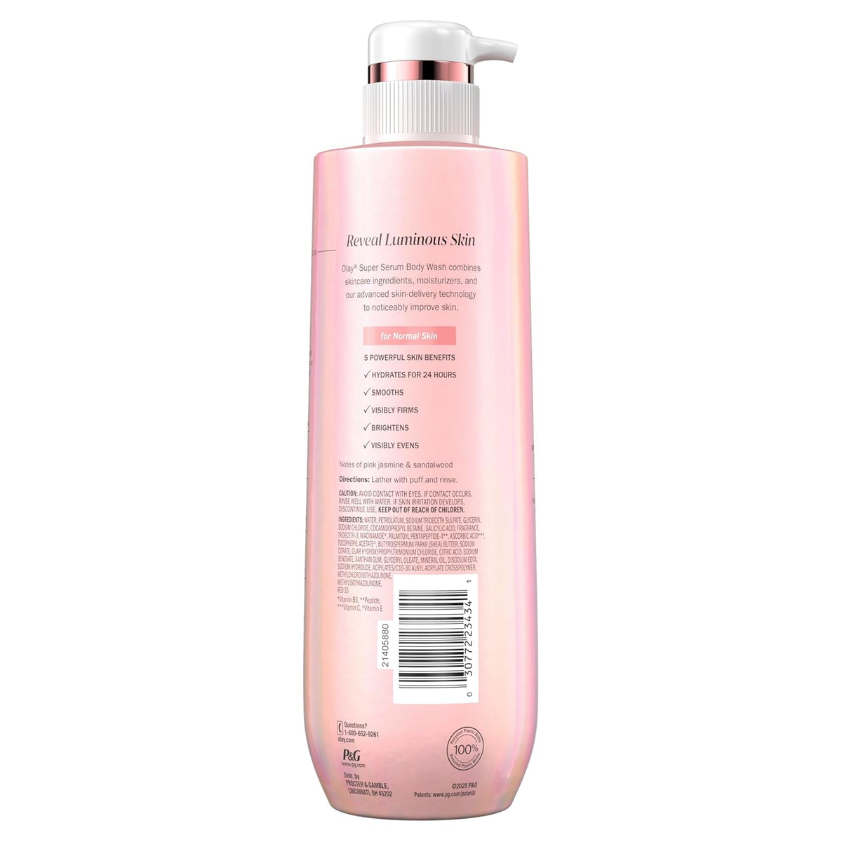 Olay Super Serum body wash bottle on a backview white background