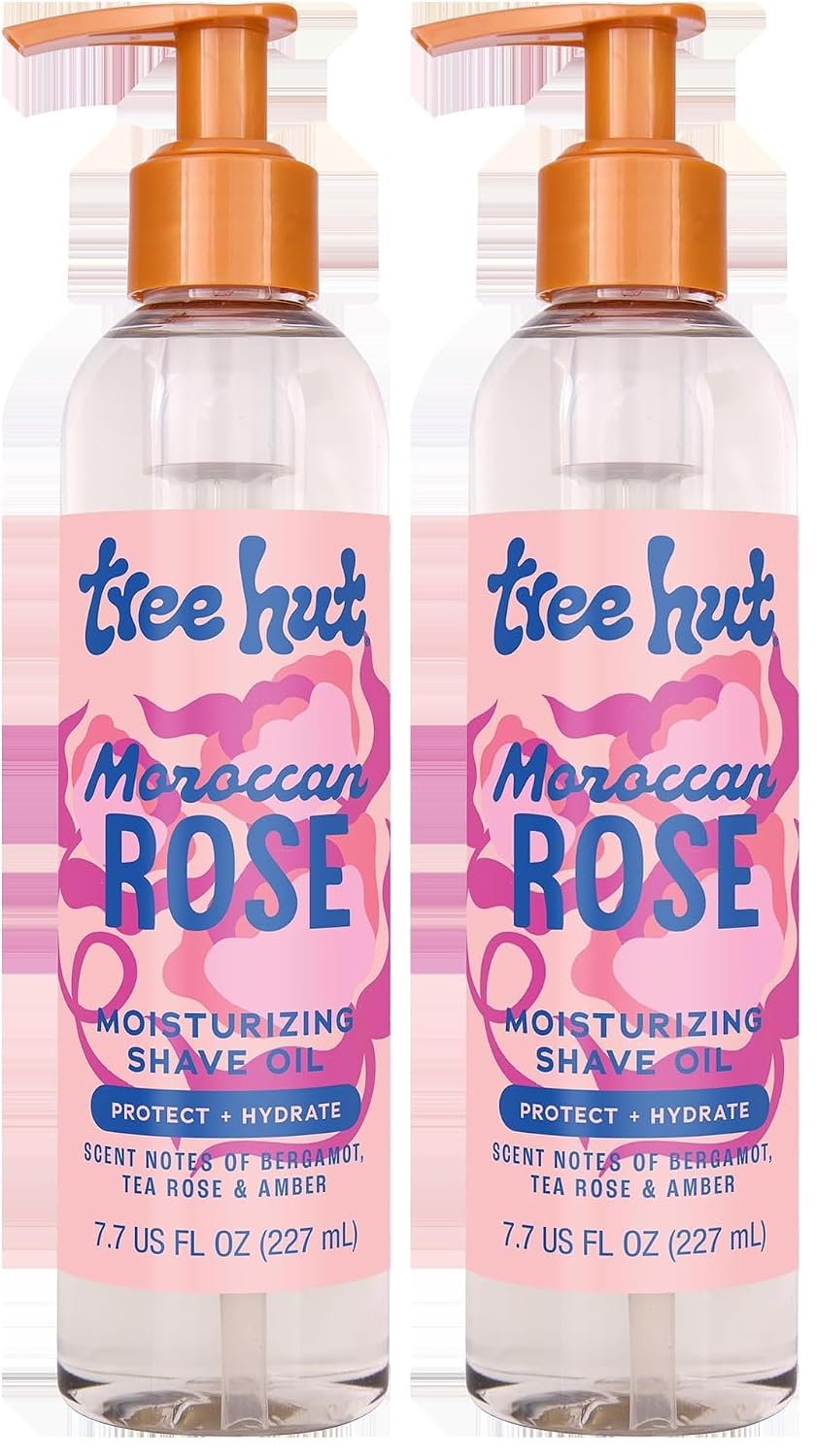 Two bottles of Tree Hut Moroccan Rose Moisturizing Shave Oil side by side on a white background.