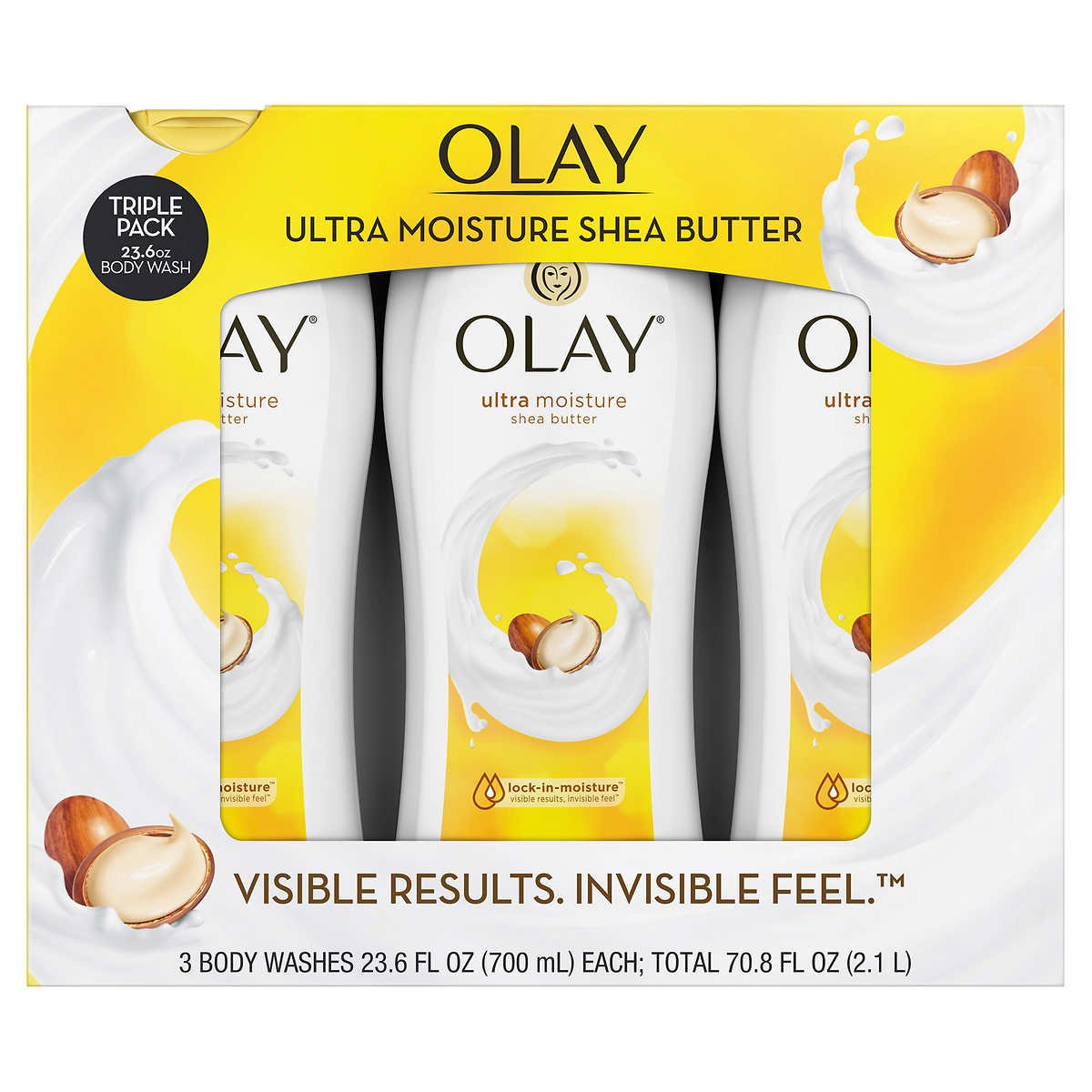 Olay Triple Pack Ultra Moisture Shea Butter body wash set in a white and yellow cardboard box with three individual bottles visible through a clear window.