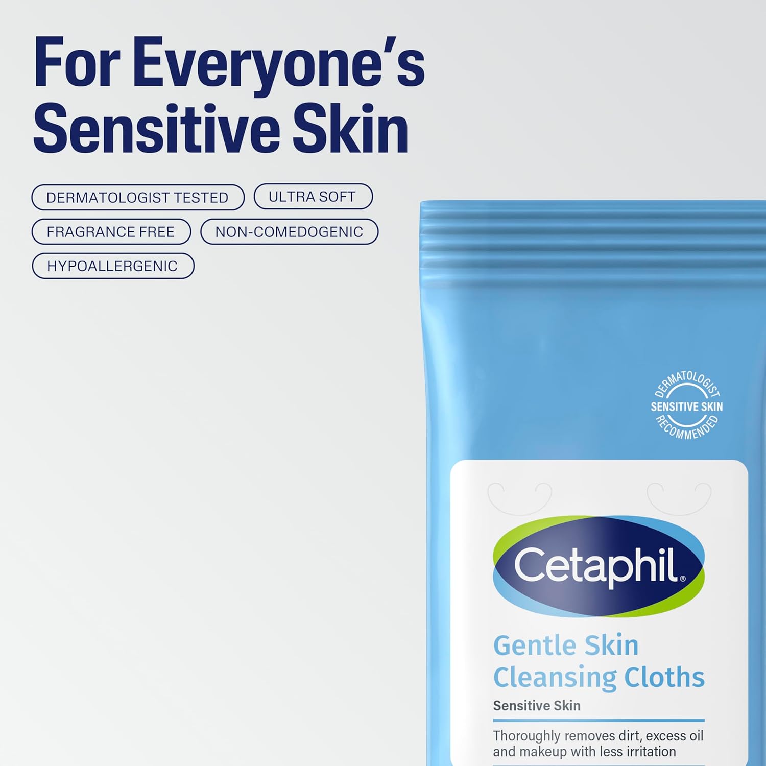 Cetaphil Gentle Skin Cleansing Cloths packaging with branding and product features on a light gray background.