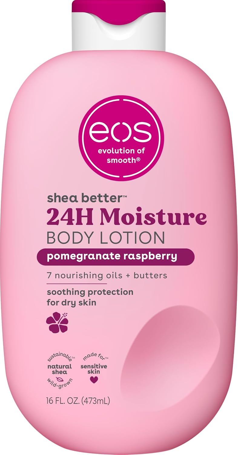Pink bottle of eos shea butter 24H moisture body lotion with pomegranate raspberry scent on a white background