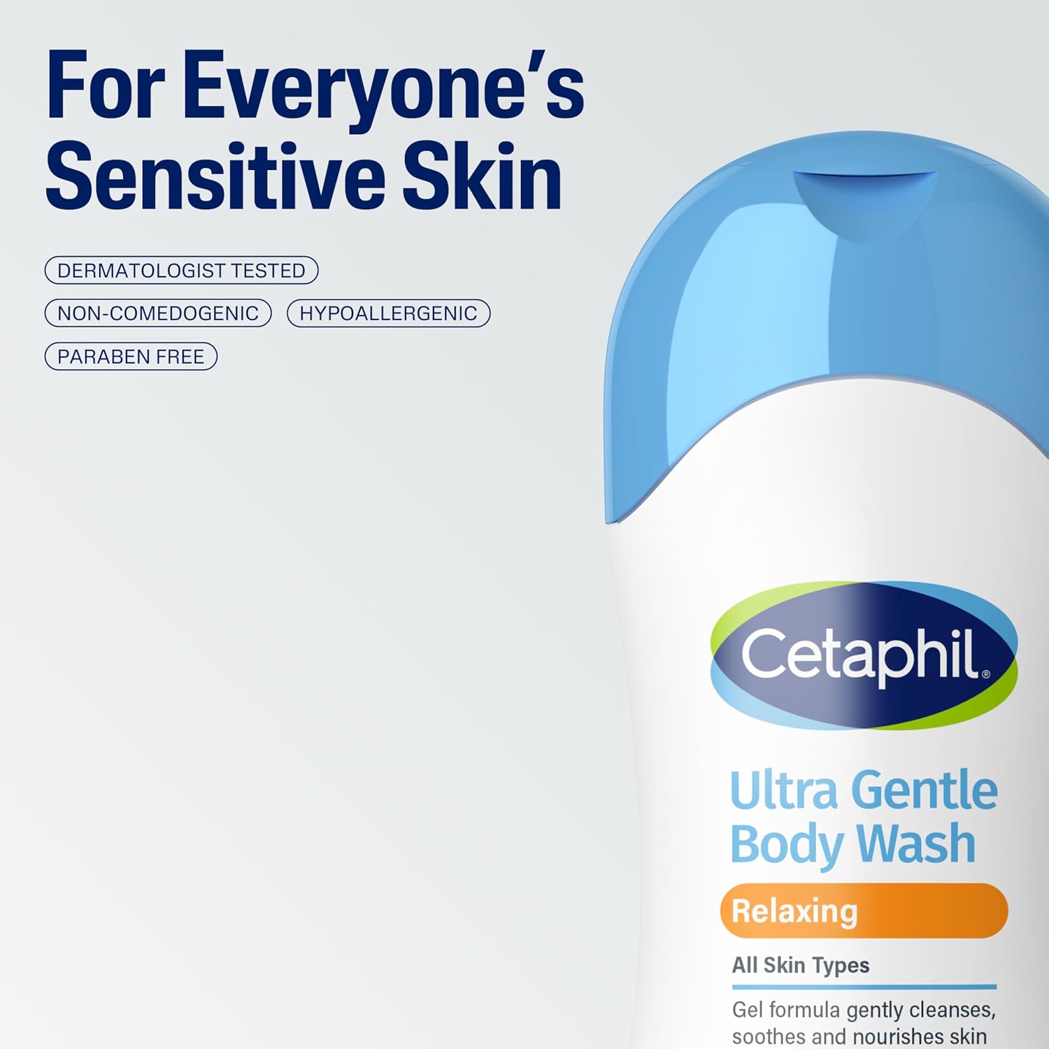 Cetaphil Ultra Gentle Body Wash bottle with branding and product features on a light gray background