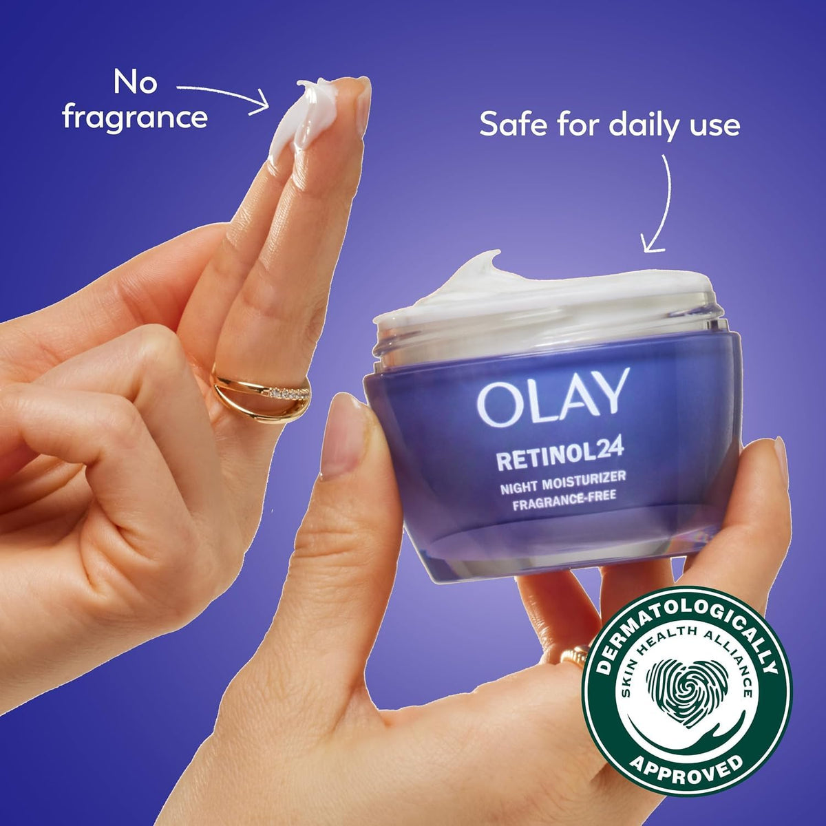 Olay Retinol24 night moisturizer with a hand applying cream, on a blue background.