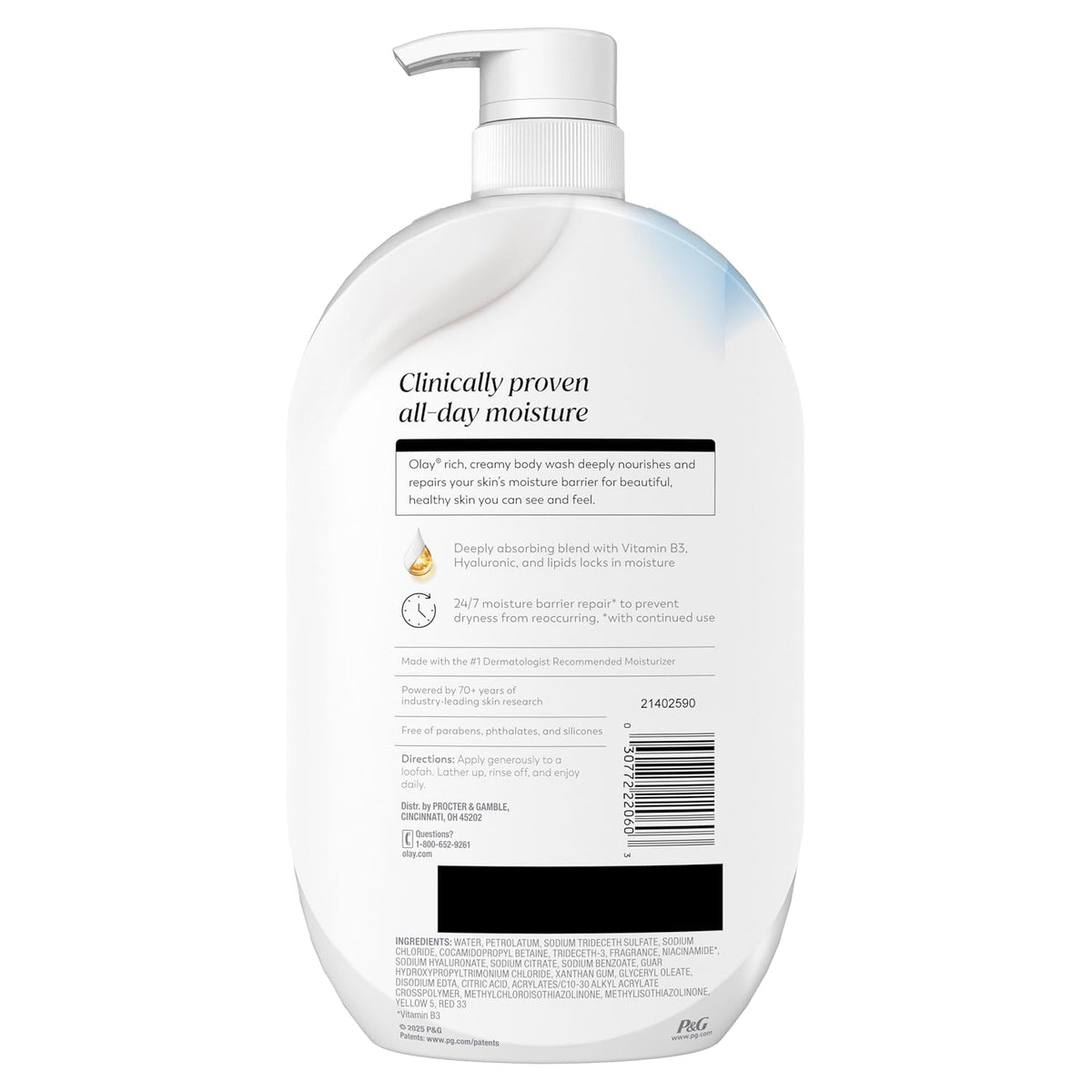 The back of a large white pump bottle of PHG Clinically Proven All Day Moisture, showing product information, a barcode, and a black privacy block on a white background.