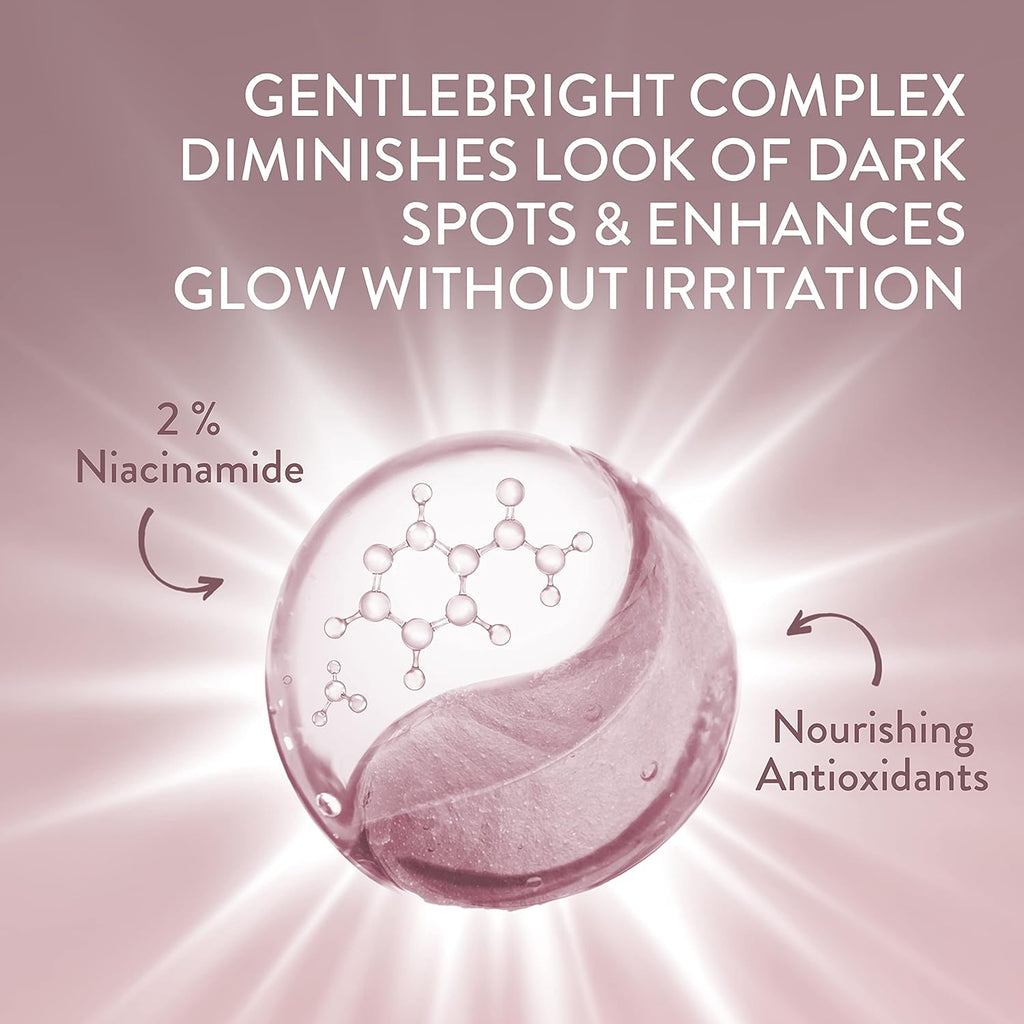 Cosmetic product with text about Gentlebright Complex, niacinamide, and antioxidants on a pink background.