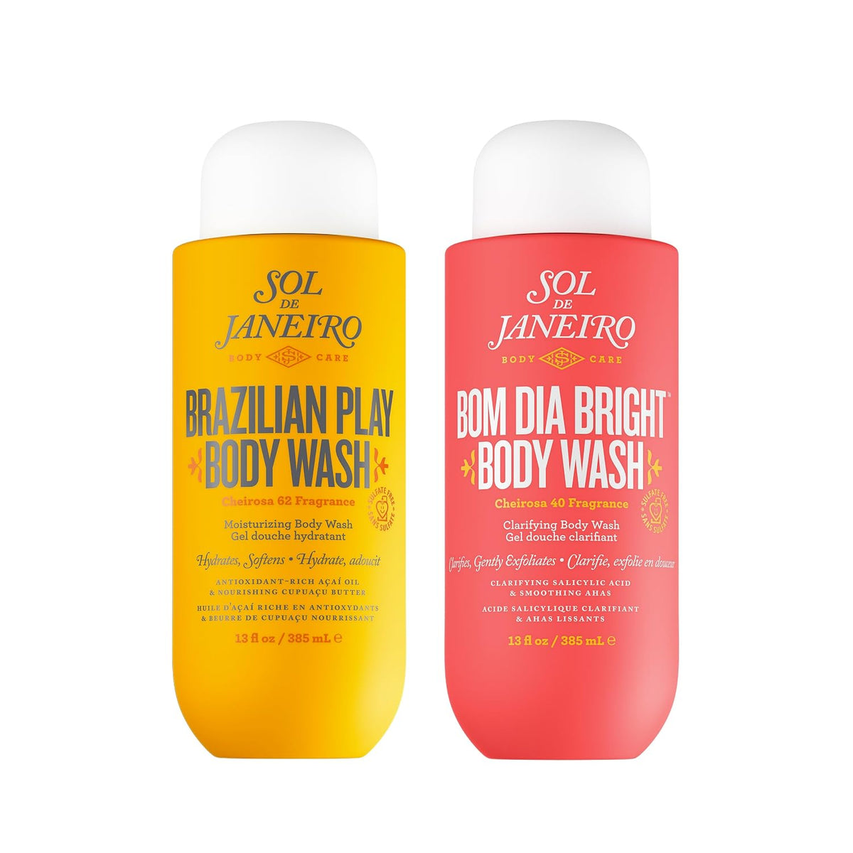  two Sol de Janeiro | Brazilian Play Hydrating & Bom Dia Bright Exfoliating Body Wash Duo Cheirosa 62 & 40 — 26 fl oz Total on  white background
