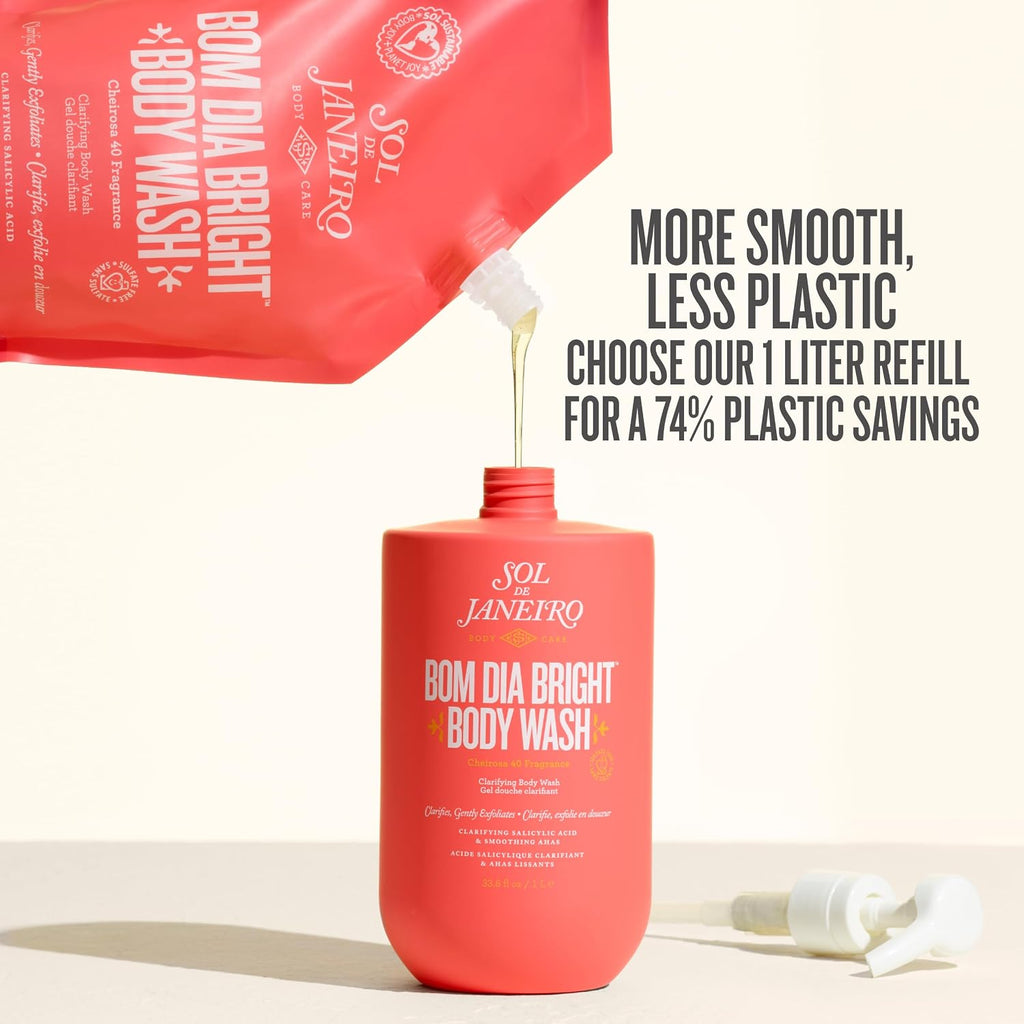 Red bottle of Sol de Janeiro Bom Dia Bright Body Wash with a refill bag and text about plastic savings.