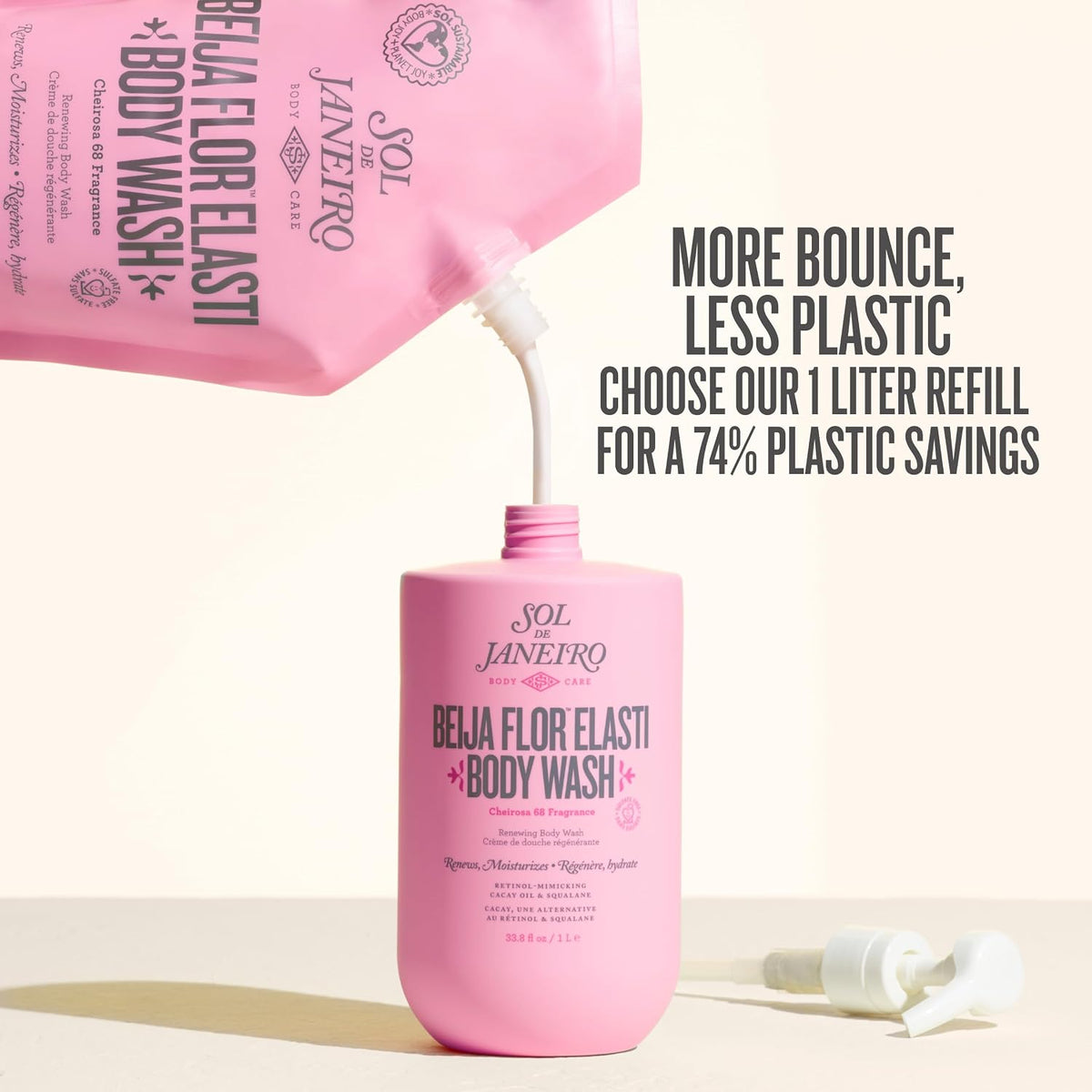 Pink body wash bottle being refilled with a pink refill pack, with text about plastic savings.