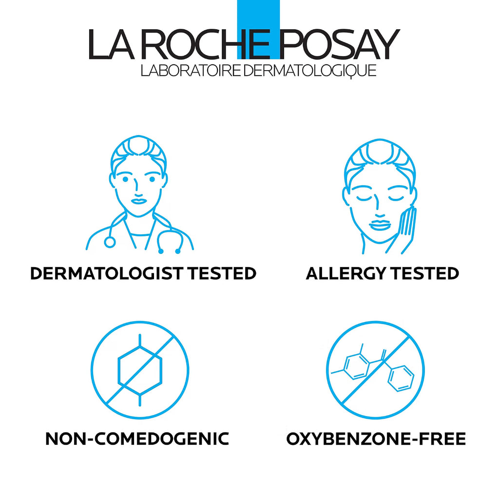 La Roche-Posay branding with icons indicating dermatologist tested, allergy tested, non-comedogenic, and oxybenzone-free.