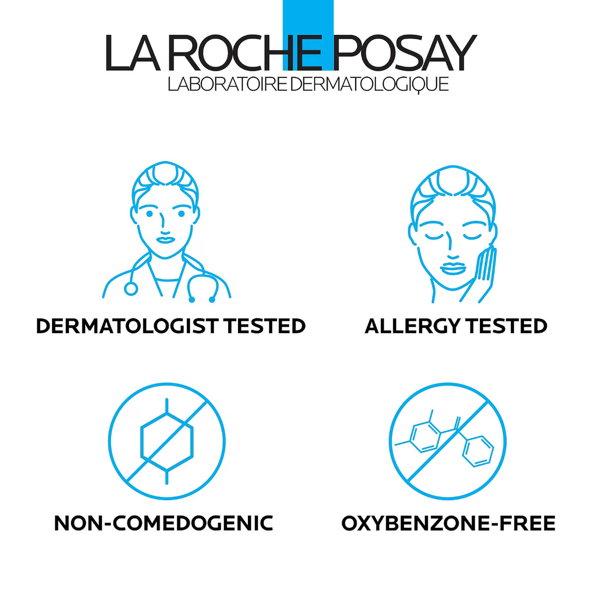 La Roche-Posay branding with icons indicating dermatologist tested, allergy tested, non-comedogenic, and oxybenzone-free.