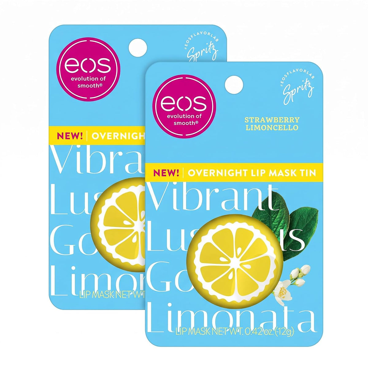 Two EOS Evolution of Smoothie overnight lip mask tins in the Strawberry Limoncello flavor, displayed against a clean white background.