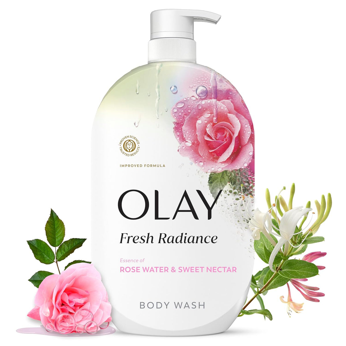 A bottle of Olay Fresh Radiance body wash with a pump dispenser, decorated with pink roses and green leaves on a white background.