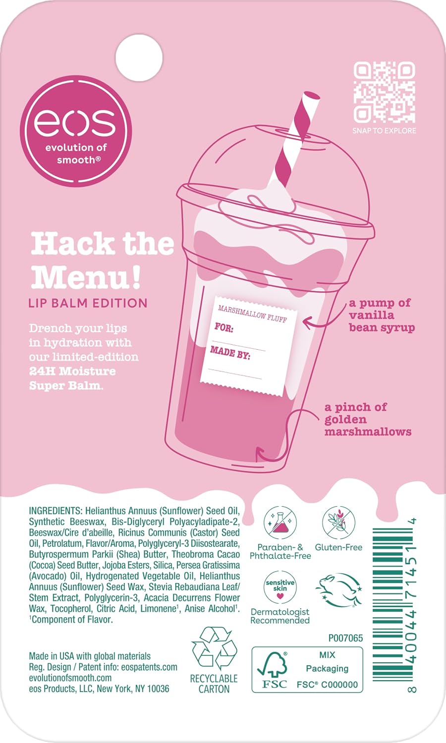 Pink lip balm packaging with branding and product details on a pink background