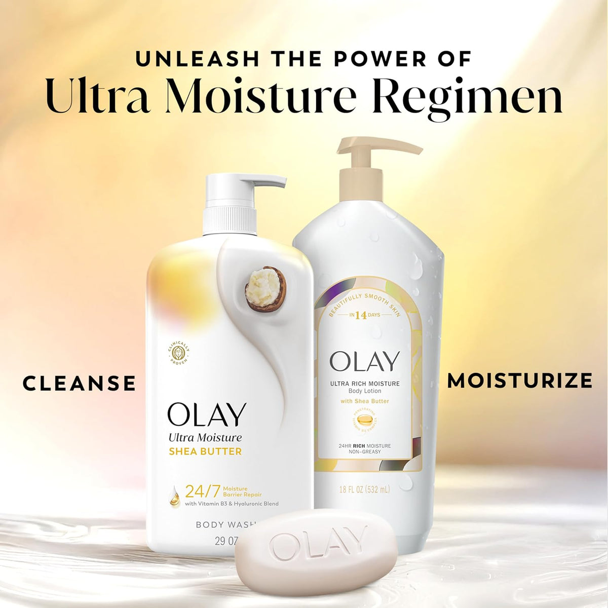 Olay Ultra Moisture Regimen body care set featuring a Body Wash bottle, a Rich Moisture Body Lotion bottle, and a matching soap bar, arranged on a white surface with a soft yellow and beige gradient background and promotional text.