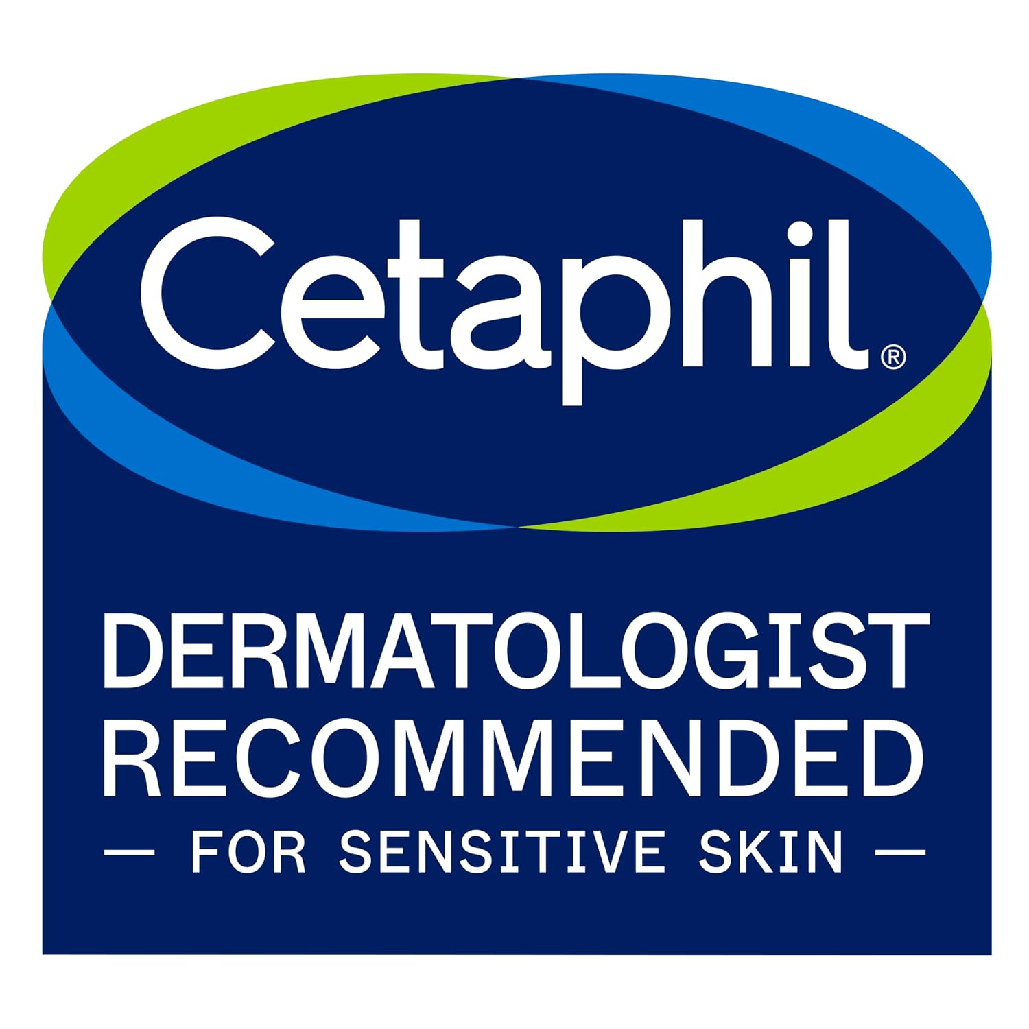 Cetaphil logo with 'Dermatologist Recommended for Sensitive Skin' text on a blue background