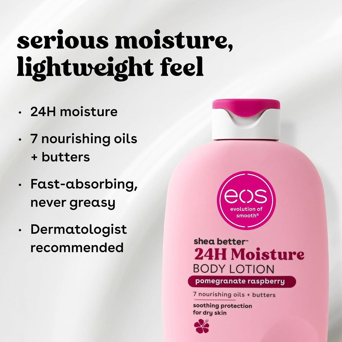 Pink bottle of eos shea butter 24H Moisture body lotion with text highlighting features on a white background