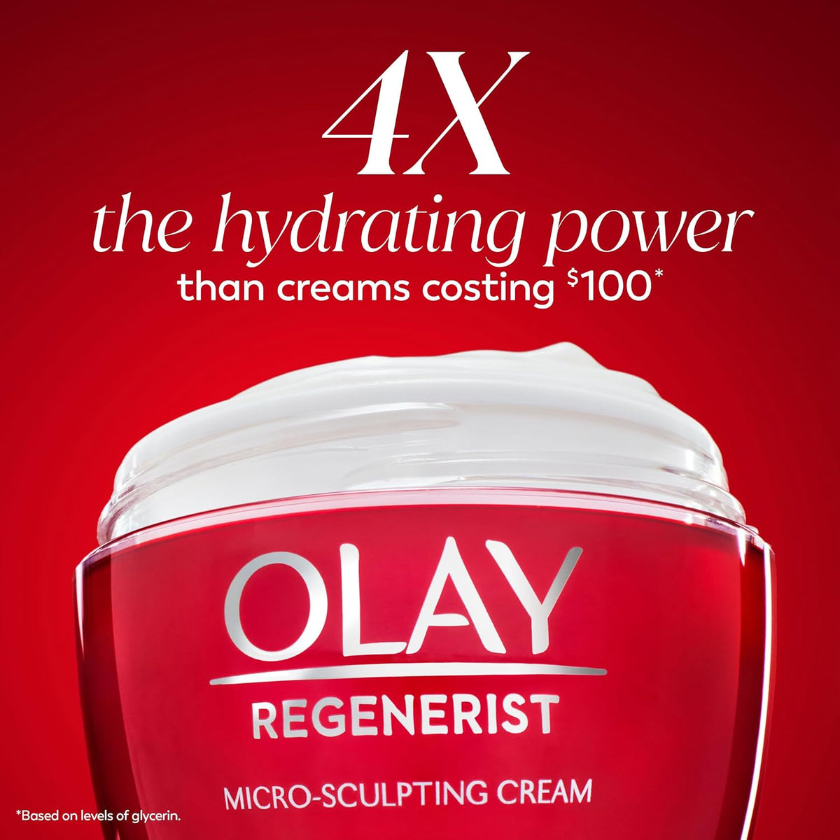 Olay Regenerist Micro-Sculpting Cream in a red jar with white cream visible at the top, set against a red background with promotional text reading '4X the hydrating power than creams costing $100'.