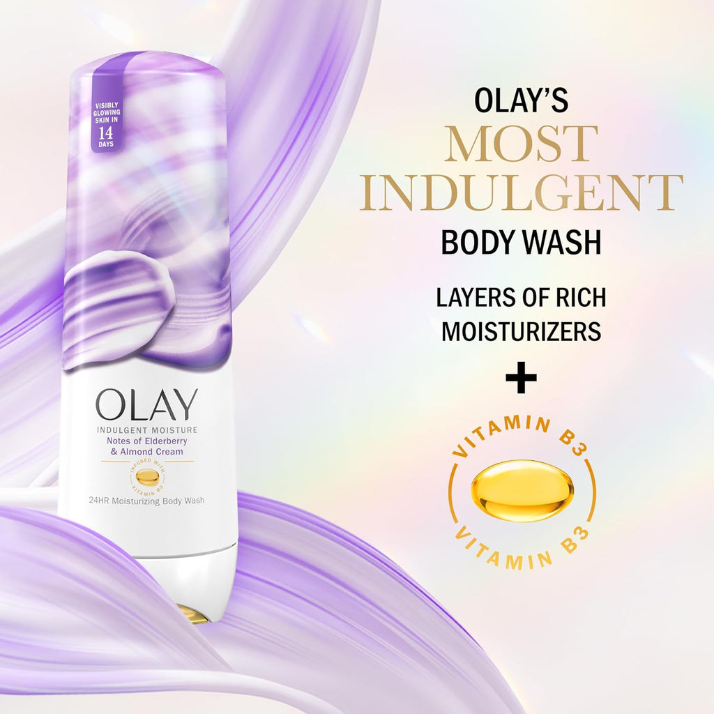 Olay body wash bottle with product details on a gradient background