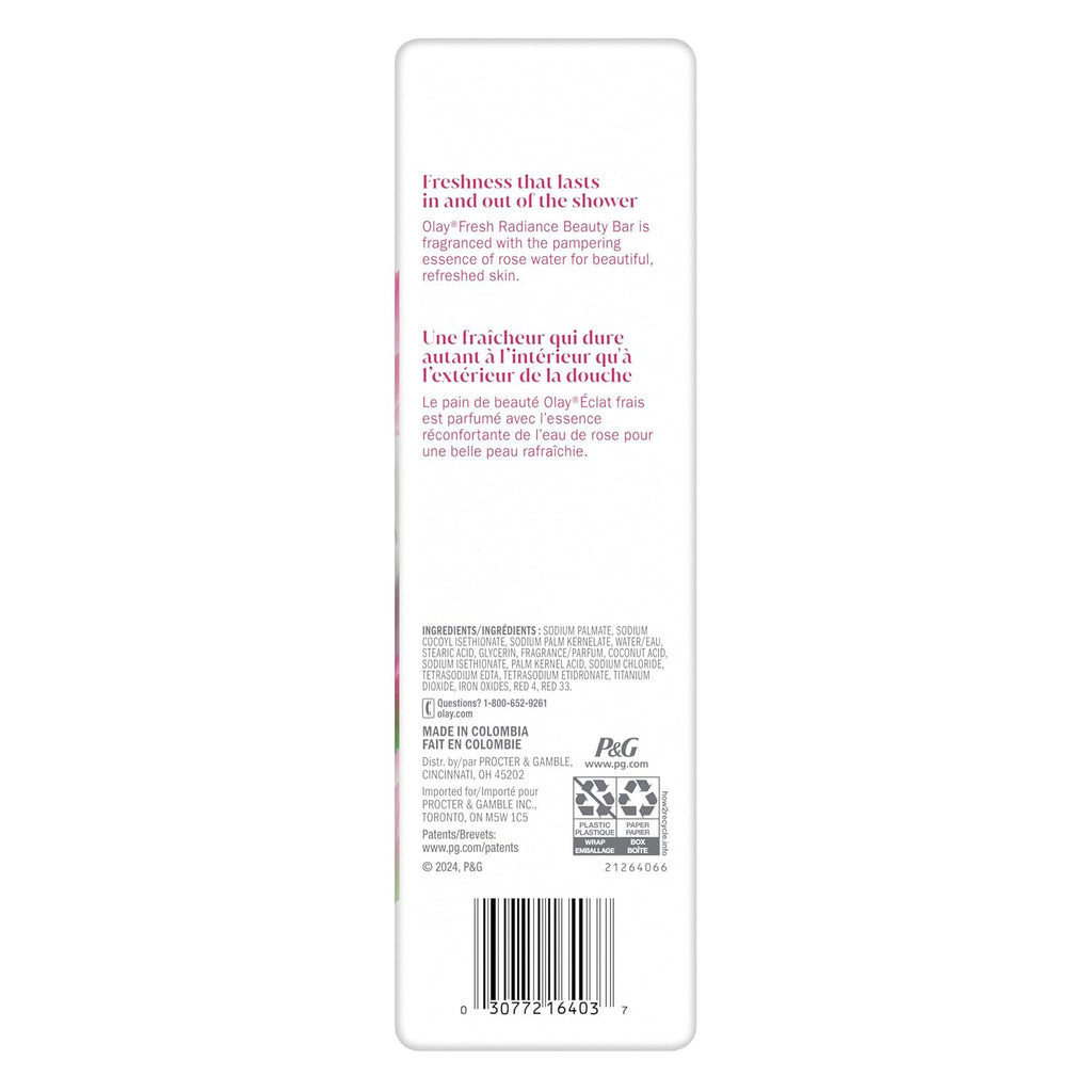 The back of a white plastic bottle of Olay Fresh Radiance Beauty Bar, showing product details, ingredients, barcode, and a Pg certification mark on a white background.