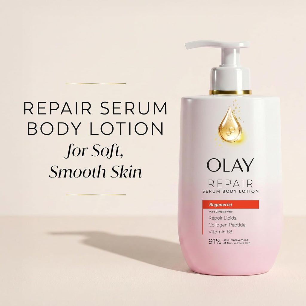 Olay Repair Serum Body Lotion in a white pump bottle with a soft pink base and gold accents, shown on a light beige background with promotional text.