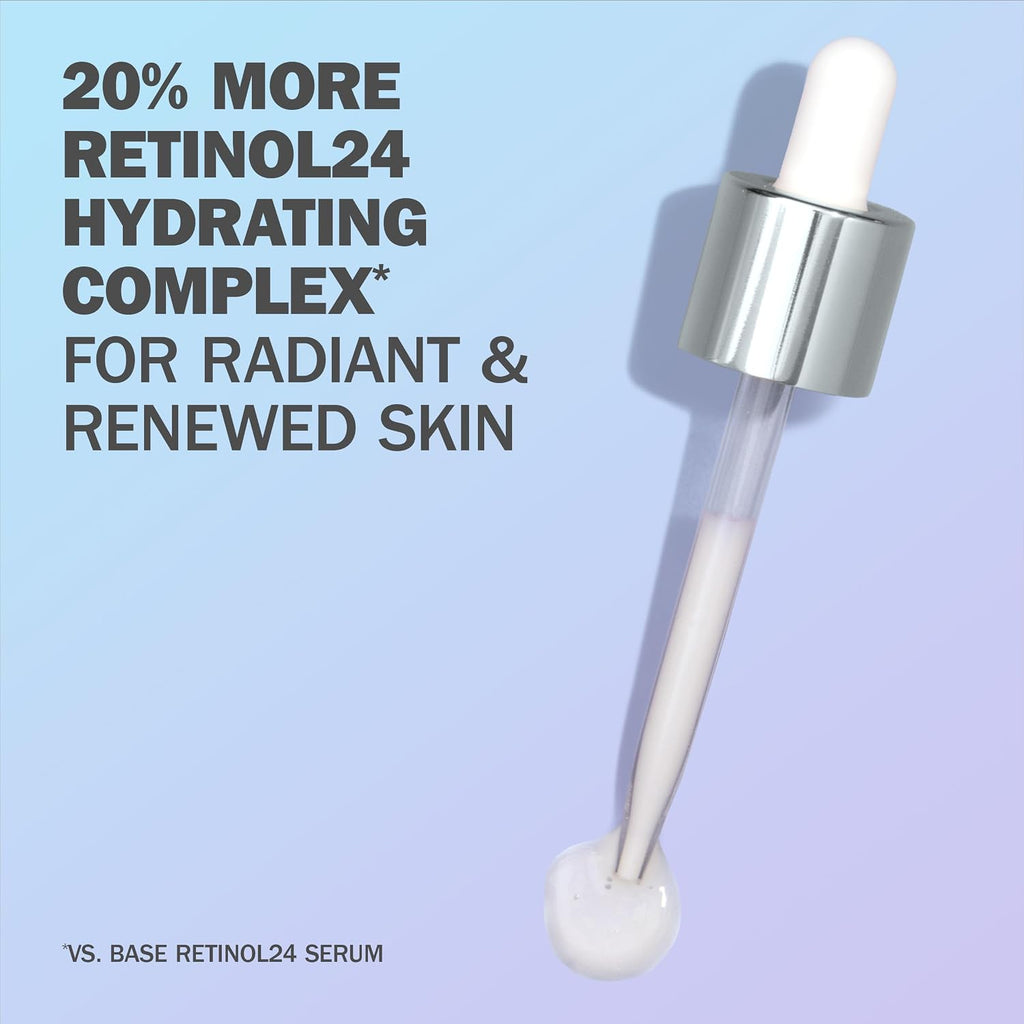 A skincare dropper bottle labeled '20% MORE RETINOL24 HYDRATING COMPLEX FOR RADIANT & RENEWED SKIN' on a soft blue-to-lavender gradient background, with a small smear of white serum at the tip.