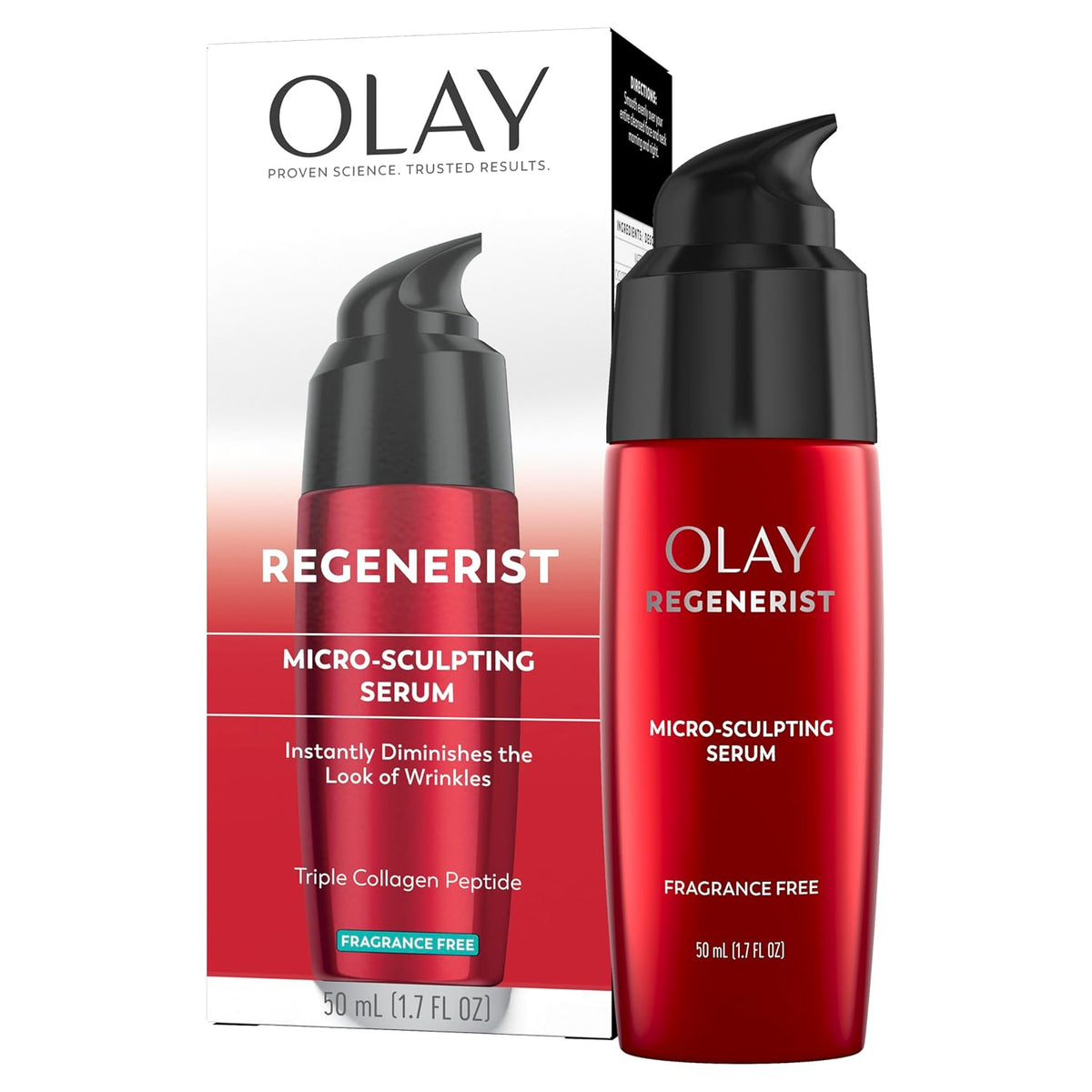 Olay Regenerist Micro-Sculpting Serum shown with its retail box and the pump bottle. The bottle is a vibrant red with a black pump dispenser, and the box features a matching red and white design with product details.