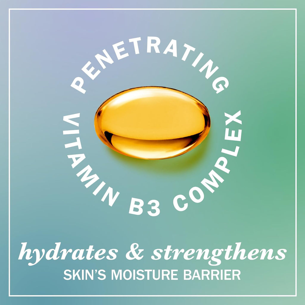 Gold vitamin capsule with text about Vitamin B3 complex on a gradient background