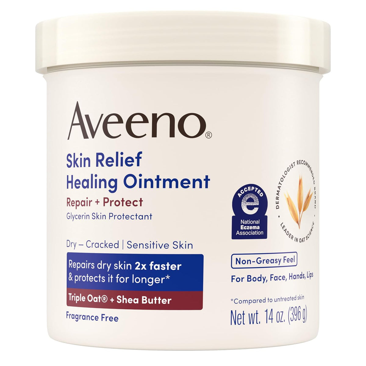 Aveeno Skin Relief Healing Ointment in a 14 oz white plastic jar with a matching white lid, featuring blue and red text on the label.