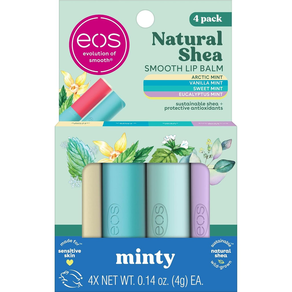 A 4-pack of EOS Natural Shea Smooth Lip Balm in the 'minty' flavor, showing four pastel-colored balm tubes (beige, teal, light blue, and lavender) in their retail packaging with botanical illustrations.