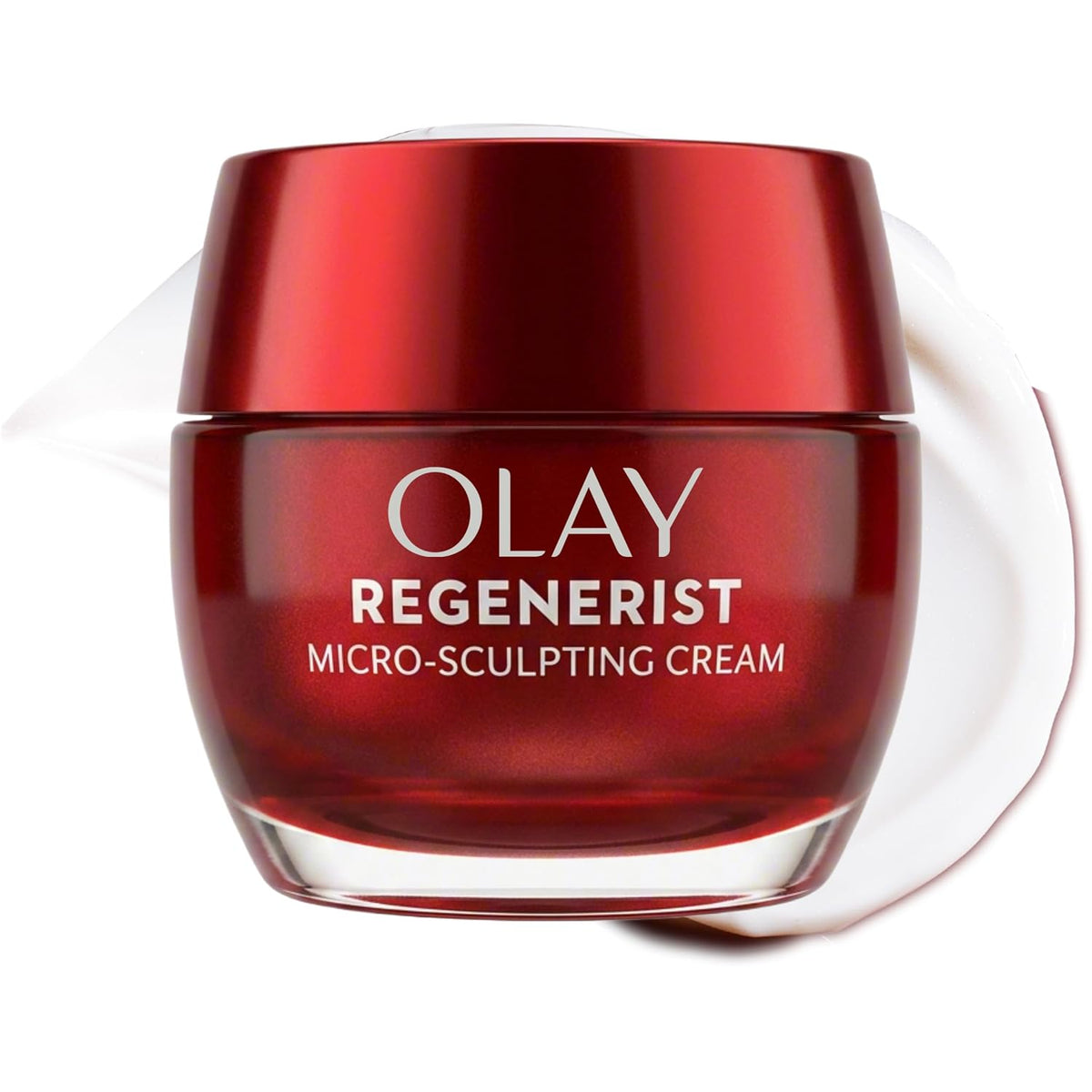 Olay Regenerist Micro-Sculpting Cream in a glossy dark red jar with a matching lid, shown on a white background with a white cream smear behind it.