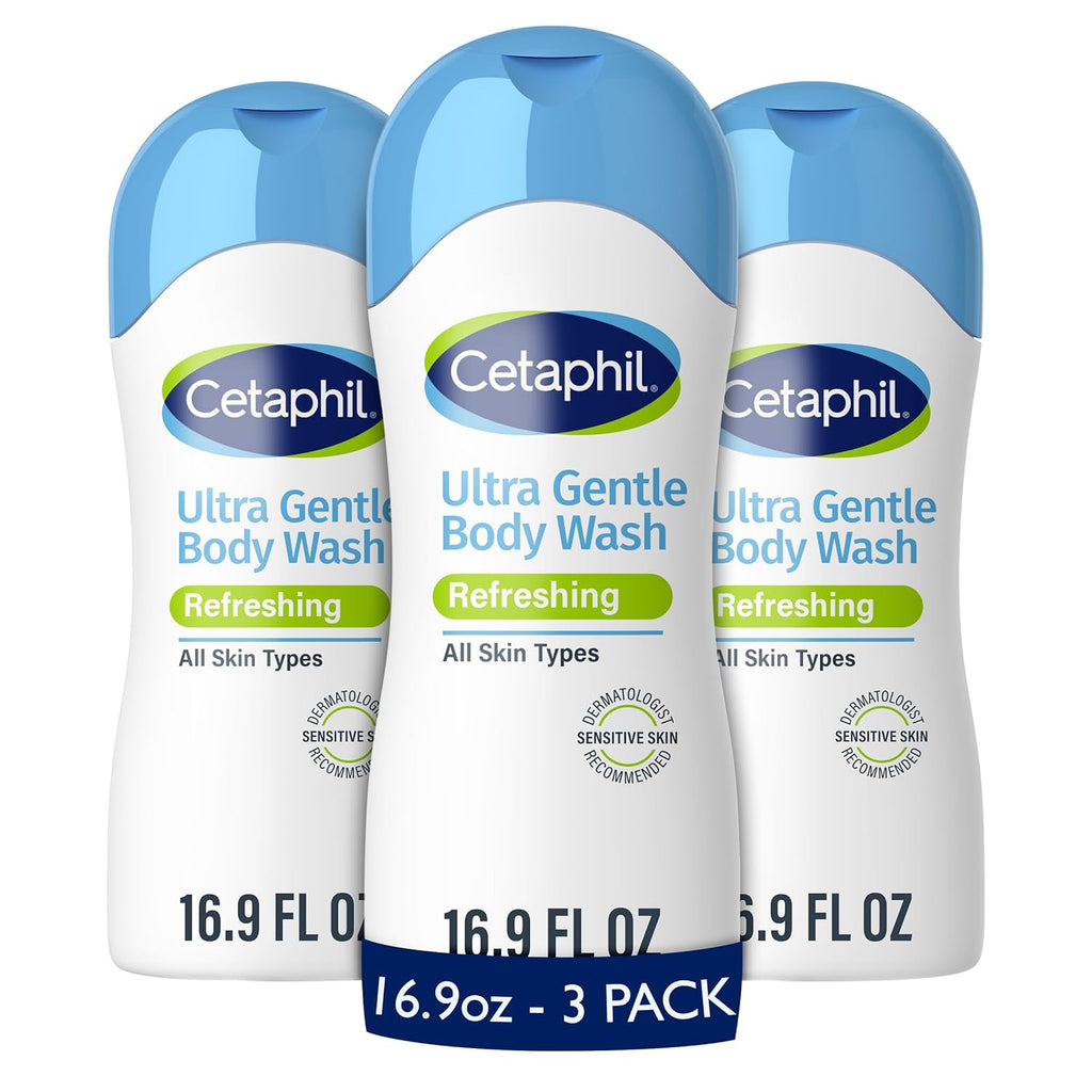Three bottles of Cetaphil Ultra Gentle Body Wash on a white background
