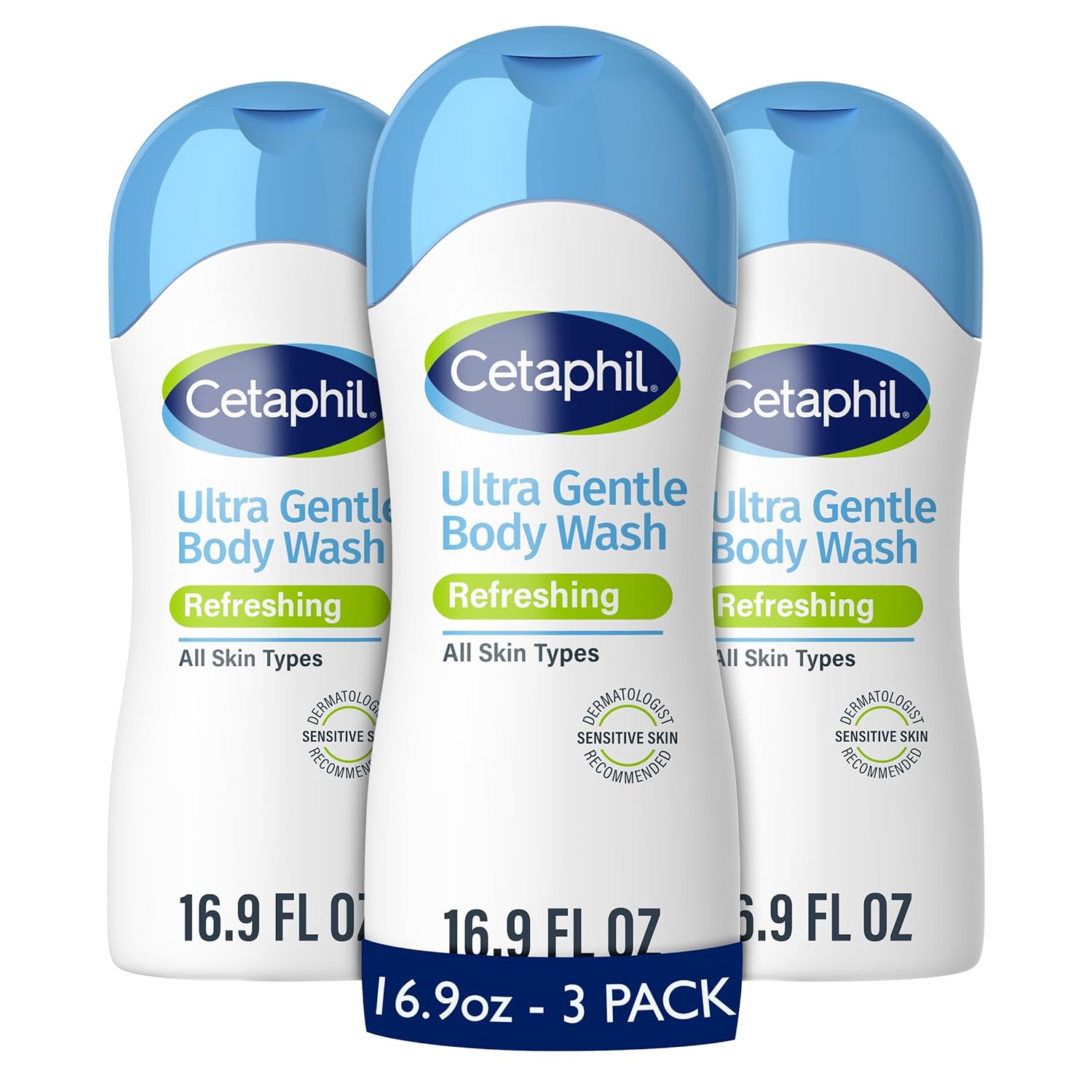 Three bottles of Cetaphil Ultra Gentle Body Wash on a white background