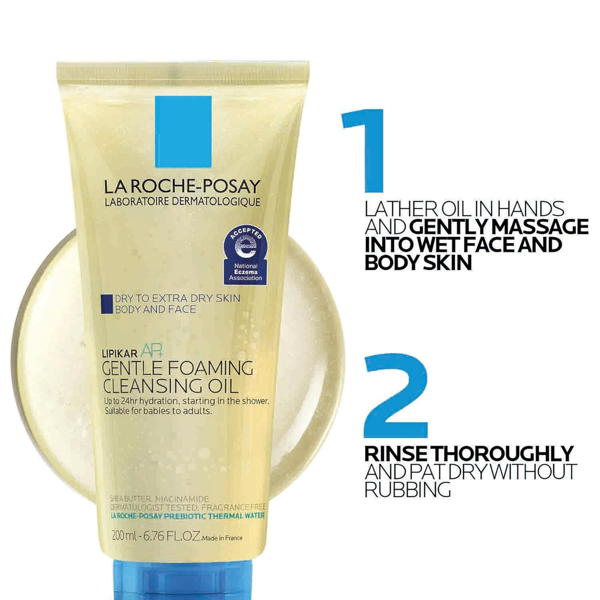 La Roche-Posay cleansing oil tube with usage instructions on a white background