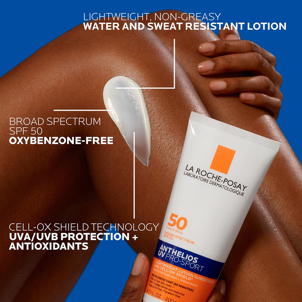 La Roche-Posay sunscreen lotion with product details on a blue background