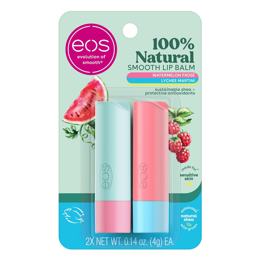 Packaged eos lip balms with watermelon and raspberry flavors on a white background