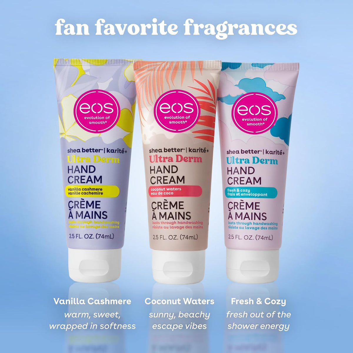 Three EOS Shea Better Karrii Ultra Derm Hand Cream tubes shown side by side on a light blue gradient background, labeled Vanilla Cashmere, Coconut Waters, and Fresh & Cozy, with descriptive text below each tube.